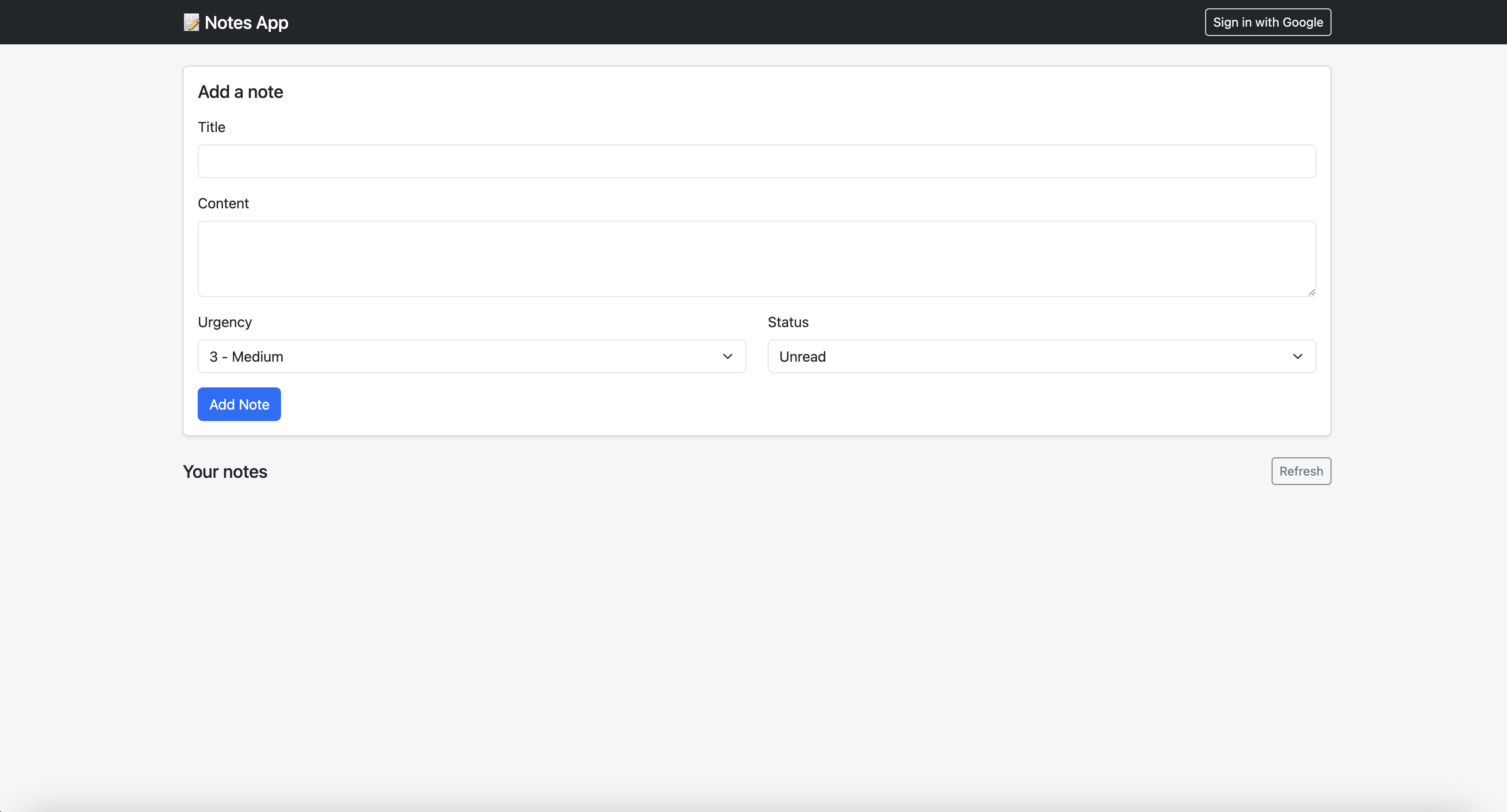Notes App screenshot showing the note list and add-note form
